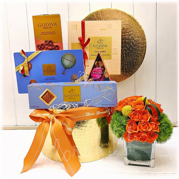 godiva chocolate and flower arrangement gift hamper